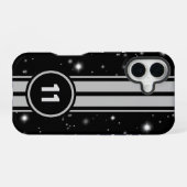 Zwart en Zilver Racing Stripes Starlight iPhone 16 Hoesje (Achterkant horizontaal)