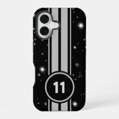 Zwart en Zilver Racing Stripes Starlight iPhone 16 Hoesje (Achterkant)