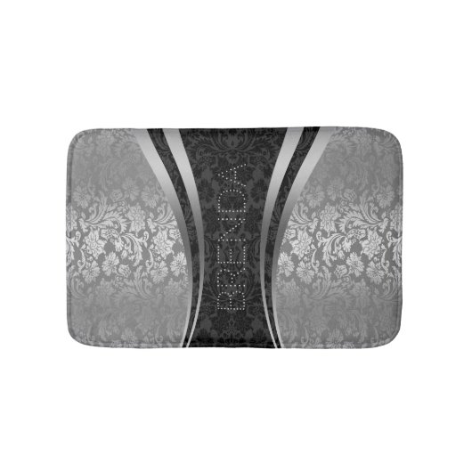 Zwart en zilvergrijs bloemdamast patroon badmat (Voorkant)