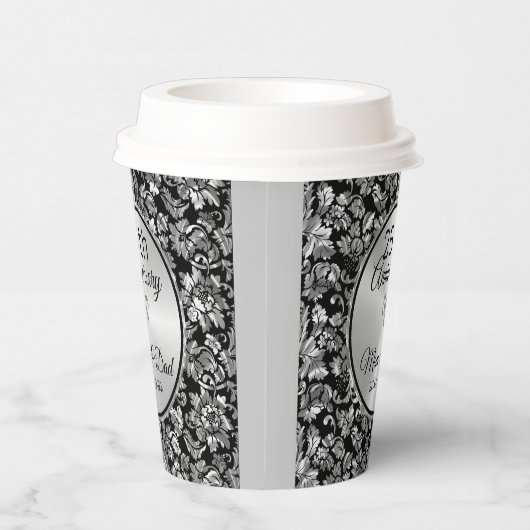 Zwart en zilvergrijs Damask 25e Jubileum Pape Papieren Bekers (Rechts)