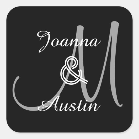 ZWART en ZILVERGRIJS Monogram Bruiloft Sticker A7 (Voorkant)