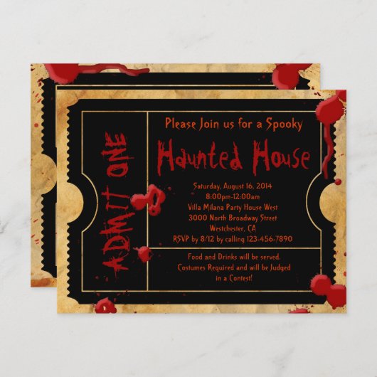 Zwart Eng Bloed Splatter Halloween Party Ticket Kaart (Voorkant / Achterkant)