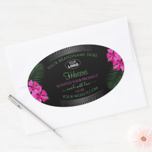 Zwart etiket Roze bloemen Groene bladeren Logo