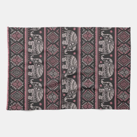 Zwart etnisch olifantenpatroon theedoek (Horizontaal)