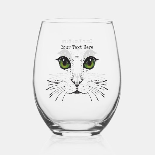 Zwart Etsend Gezicht Van Kat Groene Ogen Whiskers Wijnglas Zonder Voet (Voorkant)