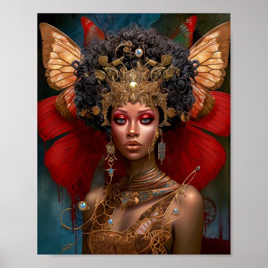 Zwart Fairy Queen Rood Goud Fairy Fantasy Kunst Poster (Voorkant)