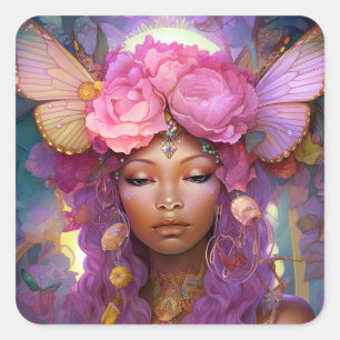 Zwart Fairy Queen Roze Paarse Fantasy Art Vierkante Sticker