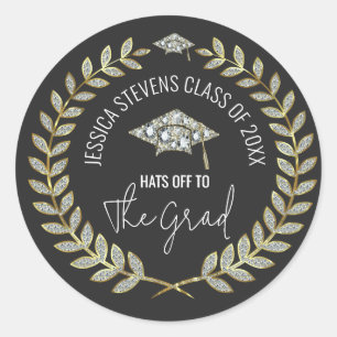 Zwart & Faux Damsons Goud Afstuderen Pet Krans Ronde Sticker