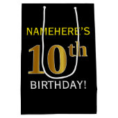 Zwart, Faux Gold 10th Birthday + Aangepaste naam Medium Cadeauzakje (Achterkant)