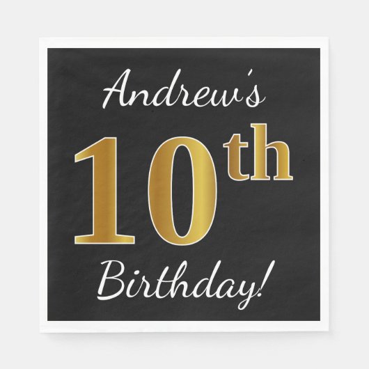 Zwart, Faux Gold 10th Birthday + Aangepaste naam Servetten (Voorkant)