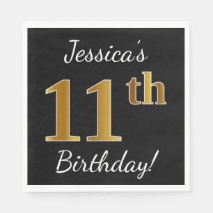 Zwart, Faux Gold 11e verjaardag + Aangepaste naam Servet
