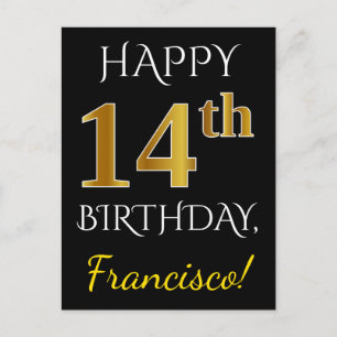 Zwart, Faux Gold 14th Birthday + Eigen naam Briefkaart