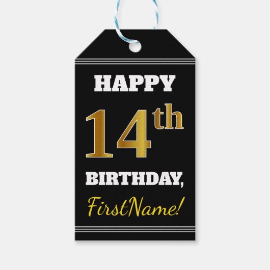 Zwart, Faux Gold 14th Birthday + Eigen naam Cadeaulabel (Voorkant)