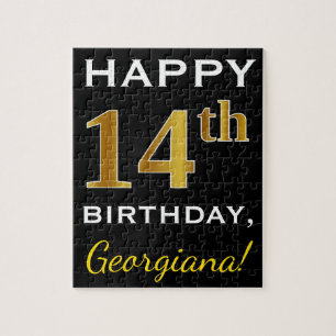 Zwart, Faux Gold 14th Birthday + Eigen naam Legpuzzel
