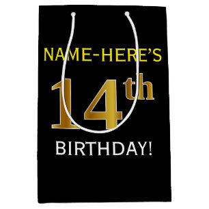 Zwart, Faux Gold 14th Birthday + Eigen naam Medium Cadeauzakje