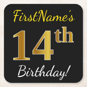 Zwart, Faux Gold 14th Birthday + Eigen naam Vierkante Kartonnen Onderzetter