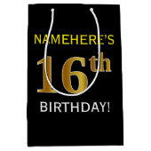 Zwart, Faux Gold 16e verjaardag + Aangepaste naam Medium Cadeauzakje (Voorkant)