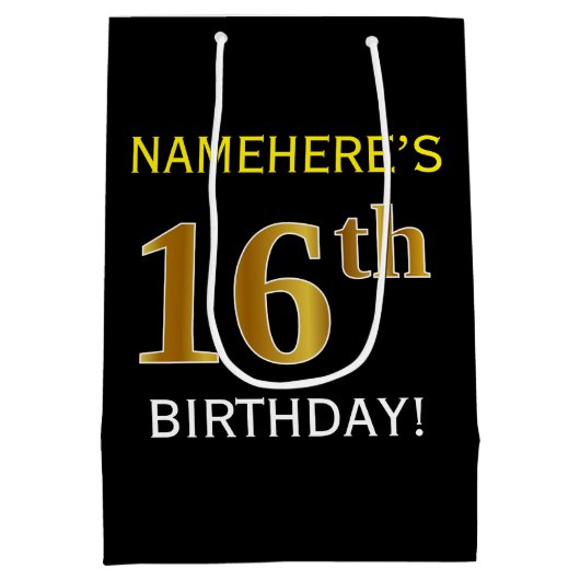 Zwart, Faux Gold 16e verjaardag + Aangepaste naam Medium Cadeauzakje (Achterkant)