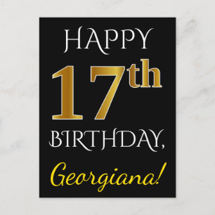 Zwart, Faux Gold 17e verjaardag + Aangepaste naam Briefkaart