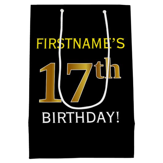 Zwart, Faux Gold 17e verjaardag + Aangepaste naam Medium Cadeauzakje (Achterkant)
