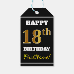 Zwart, Faux Gold 18th Birthday + Eigen naam Cadeaulabel