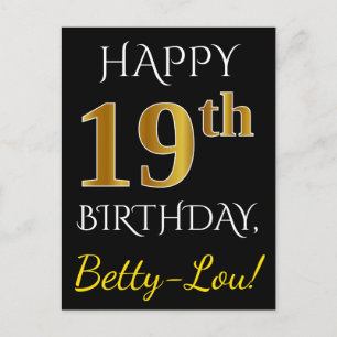 Zwart, Faux Gold 19th Birthday + Eigen naam Briefkaart