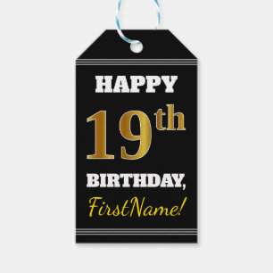 Zwart, Faux Gold 19th Birthday + Eigen naam Cadeaulabel