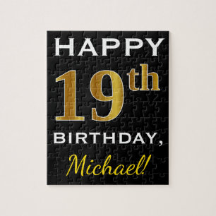 Zwart, Faux Gold 19th Birthday + Eigen naam Legpuzzel