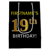 Zwart, Faux Gold 19th Birthday + Eigen naam Medium Cadeauzakje (Achterkant)