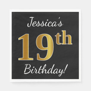 Zwart, Faux Gold 19th Birthday + Eigen naam Servetten