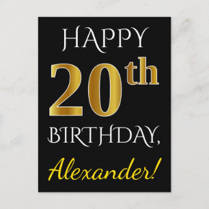 Zwart, Faux Gold 20th Birthday + Aangepaste naam Briefkaart