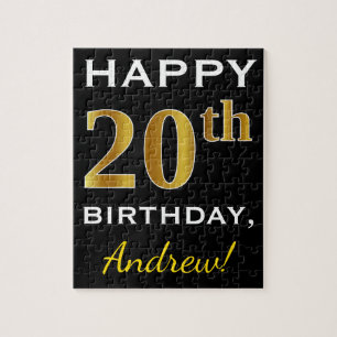 Zwart, Faux Gold 20th Birthday + Aangepaste naam Legpuzzel