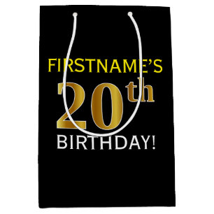 Zwart, Faux Gold 20th Birthday + Aangepaste naam Medium Cadeauzakje