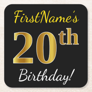 Zwart, Faux Gold 20th Birthday + Aangepaste naam Vierkante Kartonnen Onderzetter