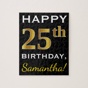 Zwart, Faux Gold 25th Birthday + Eigen naam Legpuzzel