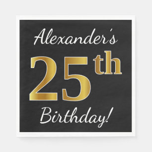 Zwart, Faux Gold 25th Birthday + Eigen naam Servetten