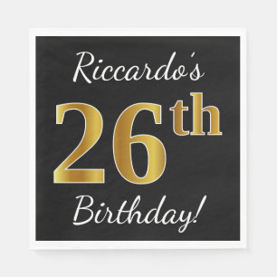 Zwart, Faux Gold 26th Birthday + Aangepaste naam Servet