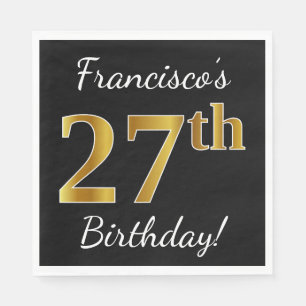 Zwart, Faux Gold 27th Birthday + Aangepaste naam Servet