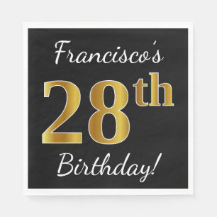 Zwart, Faux Gold 28th Birthday + Aangepaste naam Servet