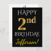 Zwart, Faux Gold 2e verjaardag + Eigen naam Briefkaart (Voorkant / Achterkant)