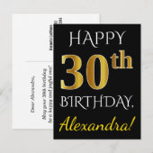 Zwart, Faux Gold 30th Birthday + Aangepaste naam Briefkaart (Voorkant / Achterkant)