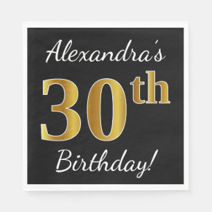 Zwart, Faux Gold 30th Birthday + Aangepaste naam Servetten