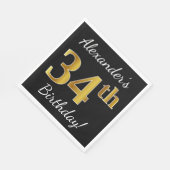 Zwart, Faux Gold 34th Birthday + Eigen naam Servet (Hoek)