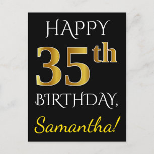 Zwart, Faux Gold 35th Birthday + Eigen naam Briefkaart