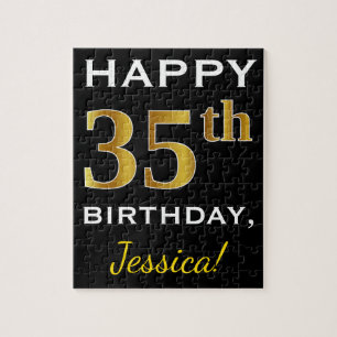 Zwart, Faux Gold 35th Birthday + Eigen naam Legpuzzel