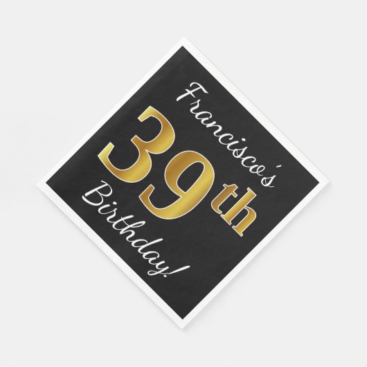 Zwart, Faux Gold 39th Birthday + Aangepaste naam Servet (Hoek)