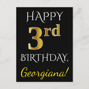 Zwart, Faux Gold 3de verjaardag + Aangepaste naam Briefkaart