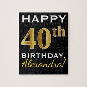 Zwart, Faux Gold 40th Birthday + Aangepaste naam Legpuzzel