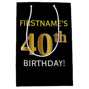 Zwart, Faux Gold 40th Birthday + Aangepaste naam Medium Cadeauzakje