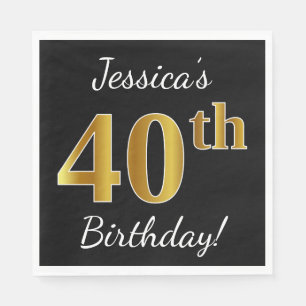 Zwart, Faux Gold 40th Birthday + Aangepaste naam Servet